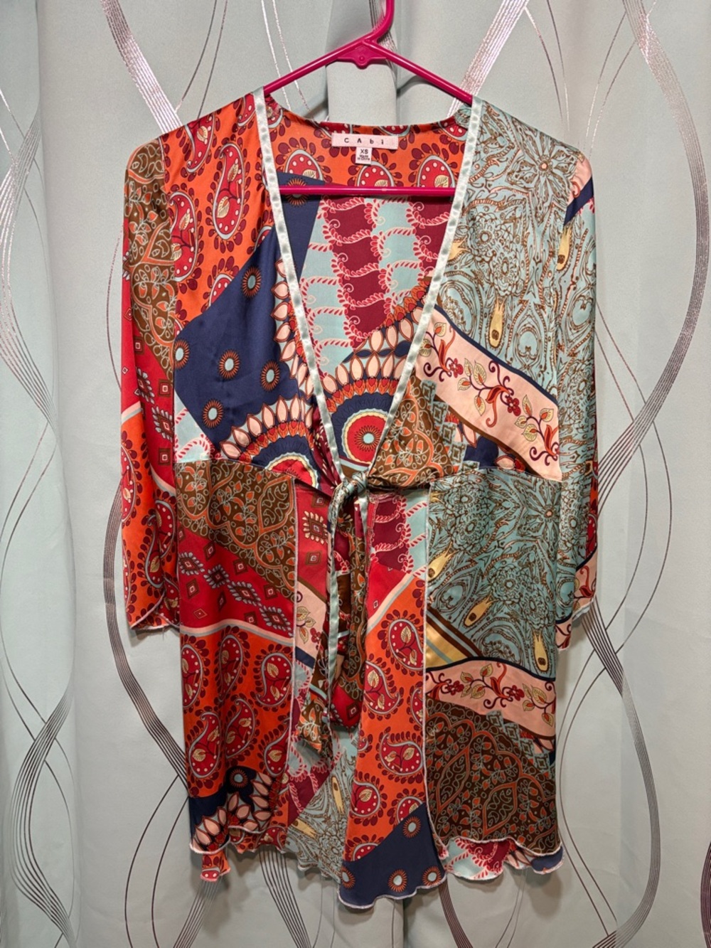 CAbi Multicolor Patchwork Tie-Front V-Neck Tunic